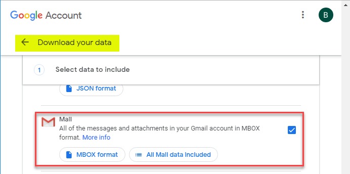  Selecting Mail under the Download your data interface