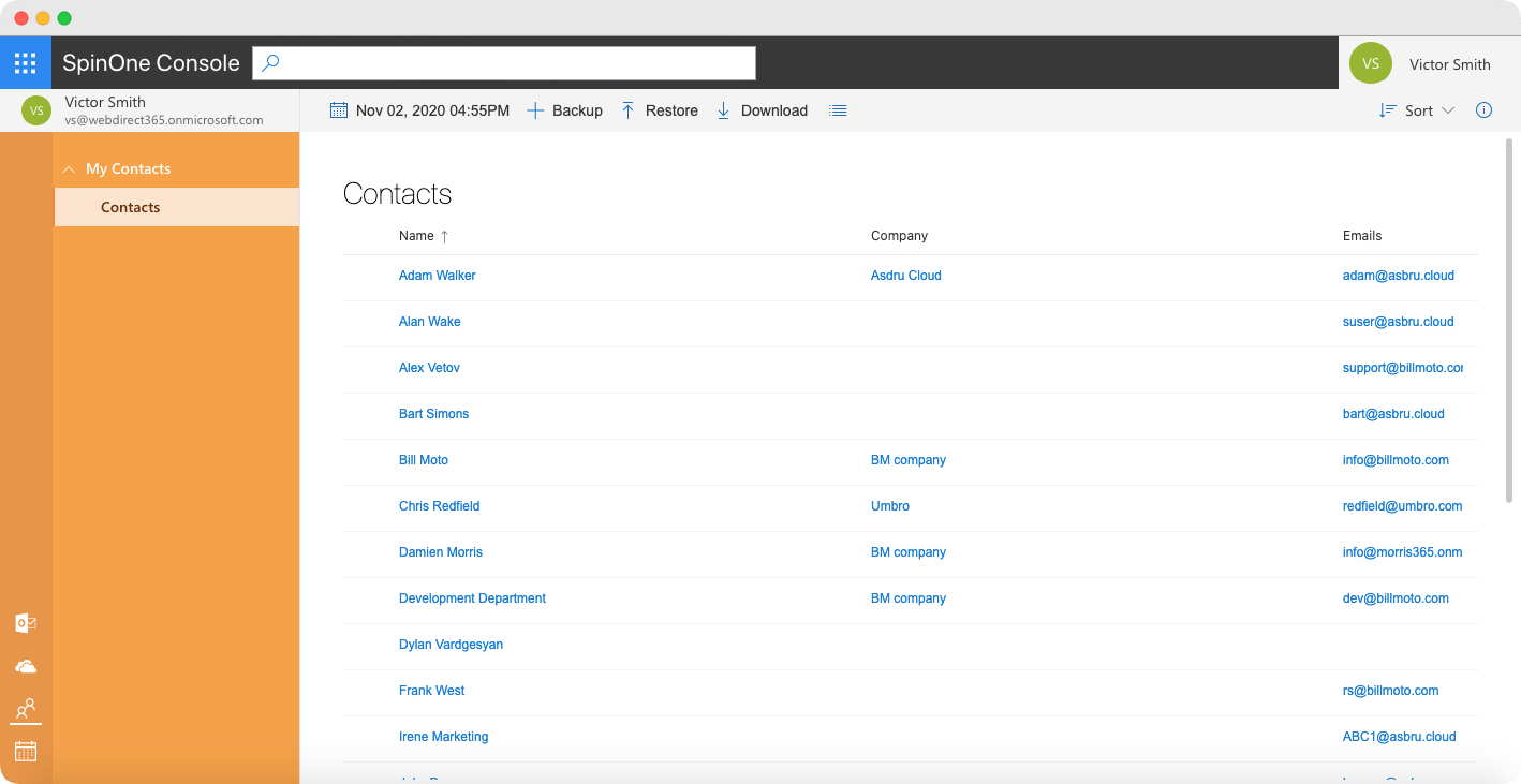 Outlook Contacts backup SpinOne interface