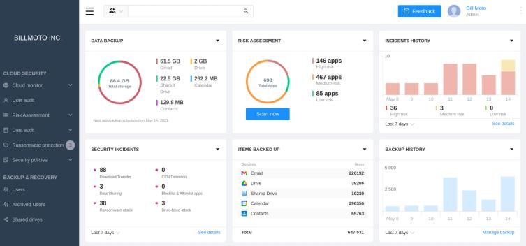 Spinbackup's console for Google Workspace - cloud cybersecurity and cloud-to-cloud backup solution